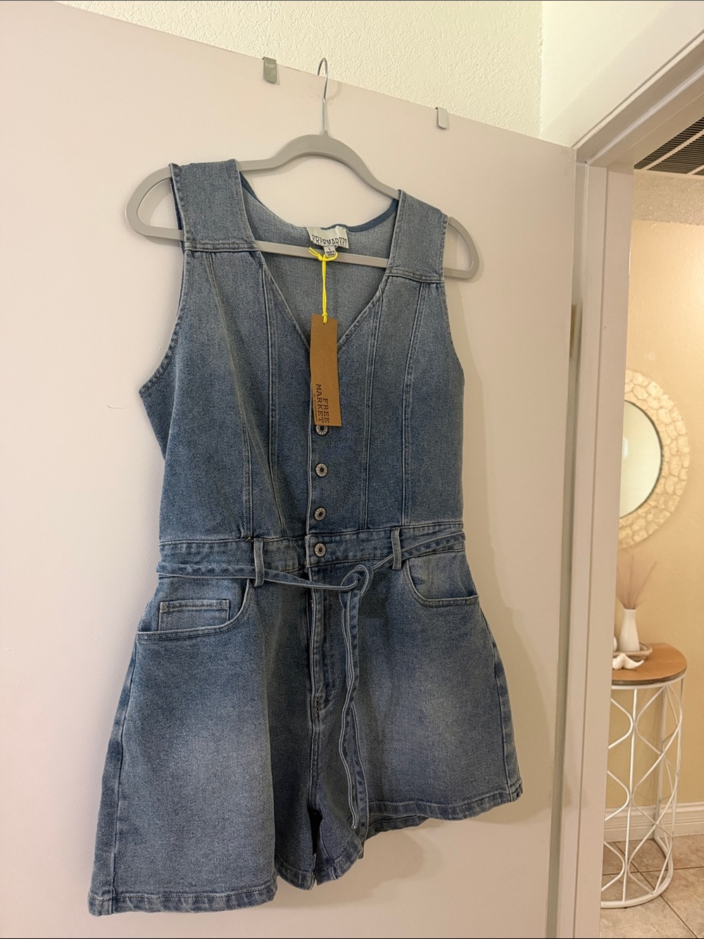 Free People Washed Blue Denim Romper with Tie Waist